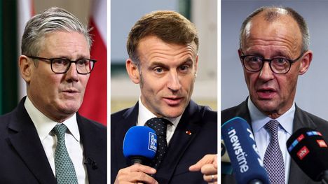 Britanninan pääministeri Keir Starmer, Ranskan presidentti Emmanuel Macron ja Saksan liittokansleri Friedrich Merz.