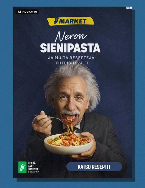Albert Einstein herätettiin eloon S-marketin mainosta varten tekoälyn avulla. Tieteilijää näytteli oikea ihminen, ja tekoälyä käytettiin kasvojen muuntamisessa Einsteinin näköiseksi.