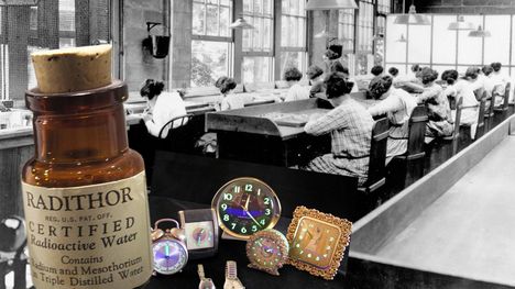 Nykyään kellojen hohtava maali ei sisällä radioaktiivisia aineita. 1900-luvun alussa radium oli kuitenkin tyypillinen pimeässä loistavan maalin raaka-aine. Kuvassa oleva Radithor-pullo kertoo toista tarinaa ajan suhtautumisesta säteilyyn – äärimmäisen vaarallista ainetta myytiin terveystuotteena vitamiinin tapaan.