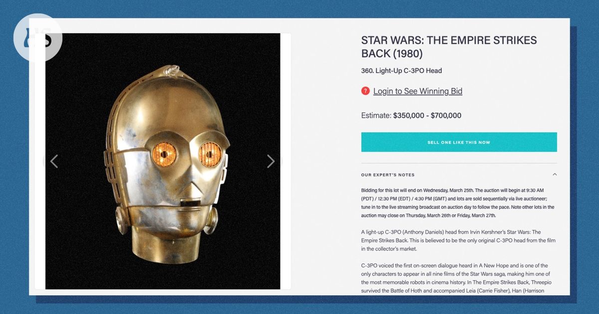 The golden fiberglass head of the Star Wars C-3PO droid was auctioned for more than 900,000 euros