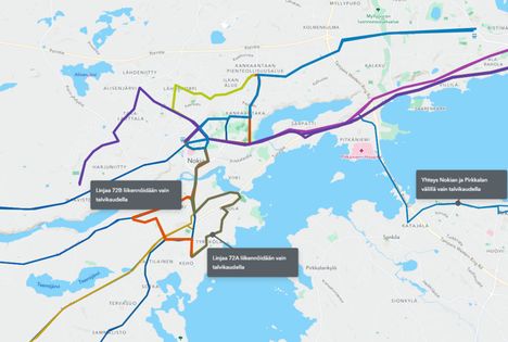 Karttaan on merkitty kaikki Nokian bussilinjat.