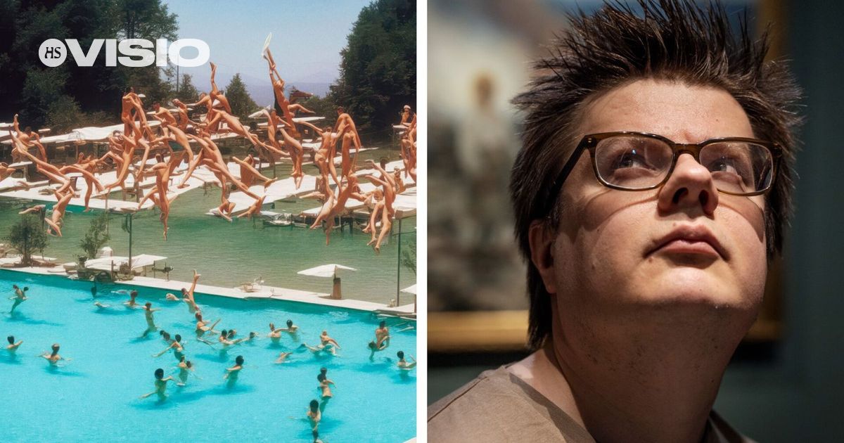 A crowded hotel pool with dozens of divers in midair beside a portrait of Roope Rainisto in glasses