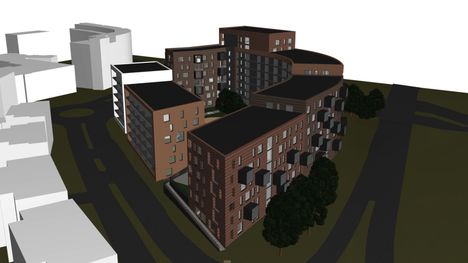 Viitesuunnitelman luonnoksen näkymä kaakosta. Vasemmalla Pohjolankatu.