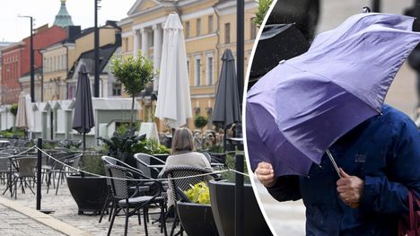 Terassit ovat ammottaneet tyhjyyttään kylmän kesäkuun takia. Vasemmalla kuvassa Senaatintorin kesäterassi.