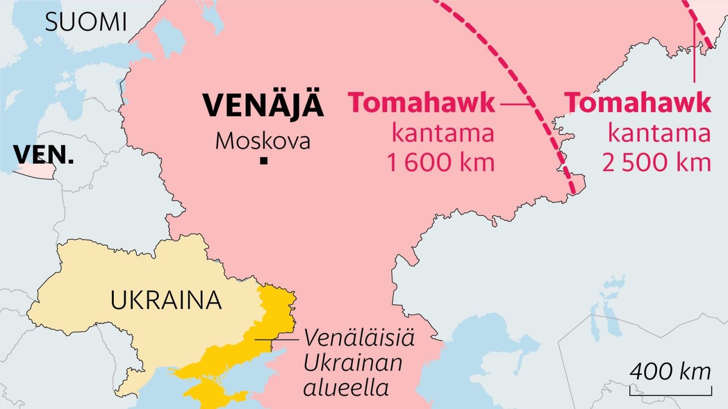Tomahawk-ohjukset | Antaako Trump Ukrainalle sodan kulun muuttavan aseen? Kartta näyttää kantaman Venäjälle