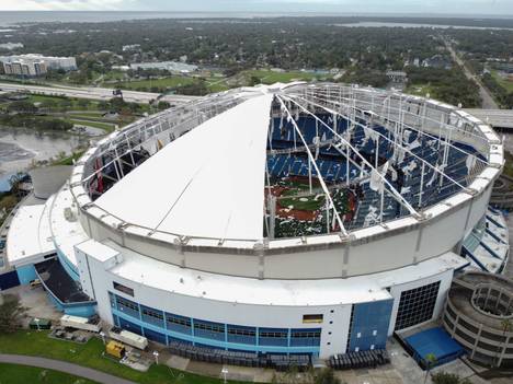 An aerial view shows the damage caused to Tropicana Field by Hurricane Milton.