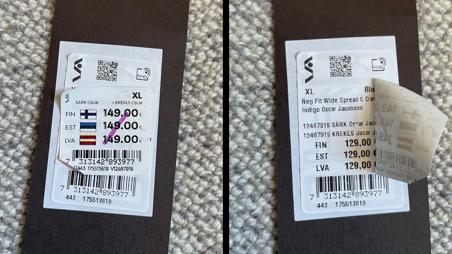 Customer finds hidden lower price on discounted shirt at Finnish department store