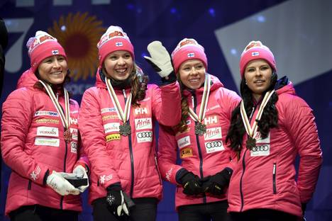 Finland's World Cup bronze team in Lahti 2017. Aino-Kaisa Saarinen (left), Kerttu Niskanen, Laura Mononen and Krista Pärmäkoski.