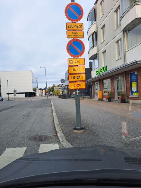 Nokian Uutisten lukija nappasi jo syksyllä kuvan liikennemerkkien rykelmästä Välikadulta apteekin edessä. Hän miettii, kuinka helppoa on ymmärtää merkkien tarkoitus esimerkiksi kiireessä.