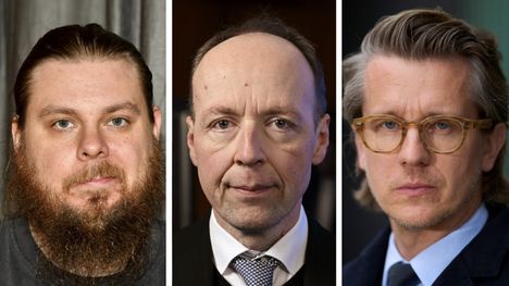 Koomikko Iikka Kivi (vas.), puhemies ja presidenttiehdokas Jussi Halla-aho ja rikosoikeuden professori Sakari Melander 
